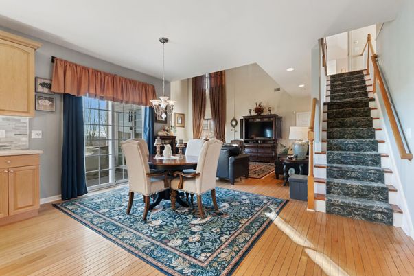 Chandelier, Dining room, Interior, Recessed Lighting, Wood Texture Flooring