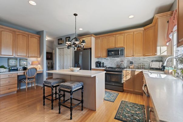 Chandelier, Interior, Kitchen, Pendant Lights, Recessed Lighting, Wood Texture Flooring