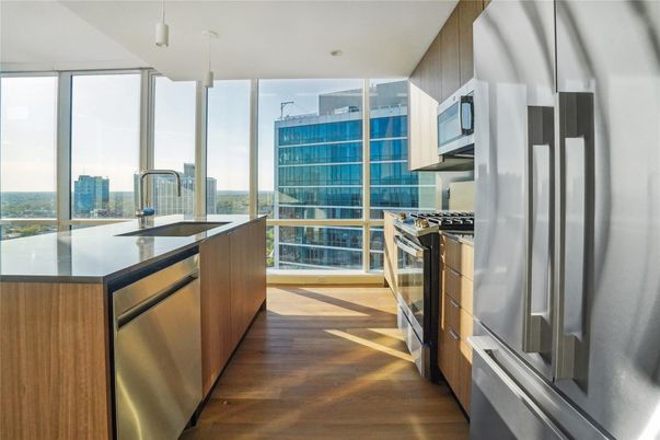 Interior, Kitchen, Recessed Lighting, Stainless Steel Appliances, Wood Texture Flooring