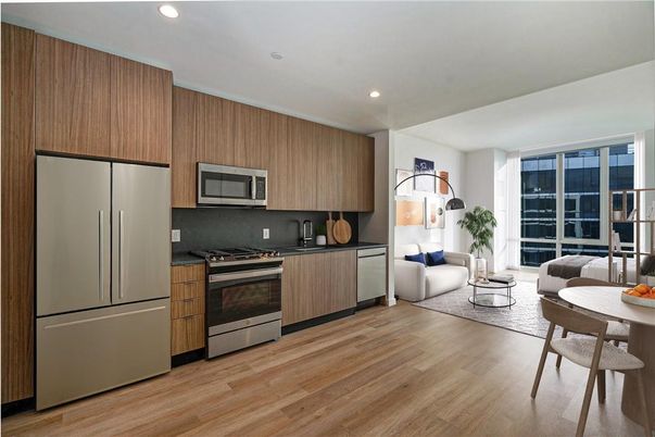 Interior, Kitchen, Living room, Recessed Lighting, Stainless Steel Appliances, Wood Texture Flooring