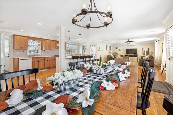 Chandelier, Dining room, Interior, Kitchen, Living room, Pendant Lights, Recessed Lighting, Wood Texture Flooring