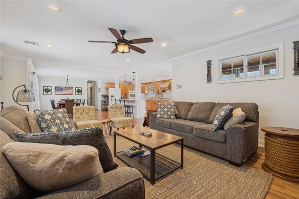 Dining room, Interior, Living room, Pendant Lights, Recessed Lighting, Wood Texture Flooring