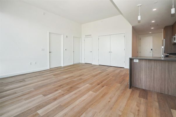 Empty room, Interior, Kitchen, Pendant Lights, Recessed Lighting, Wood Texture Flooring