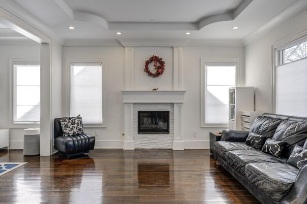 Fireplace, Interior, Recessed Lighting, Wood Texture Flooring