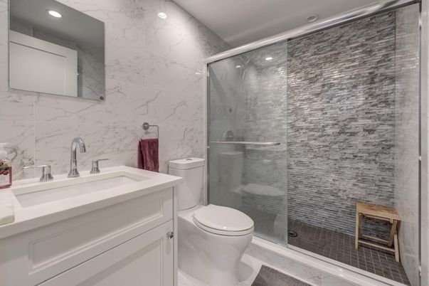 Bathroom, Glass Shower, Interior, Marble Walls, Recessed Lighting
