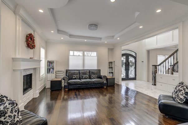 Fireplace, Interior, Marble, Recessed Lighting, Wood Texture Flooring