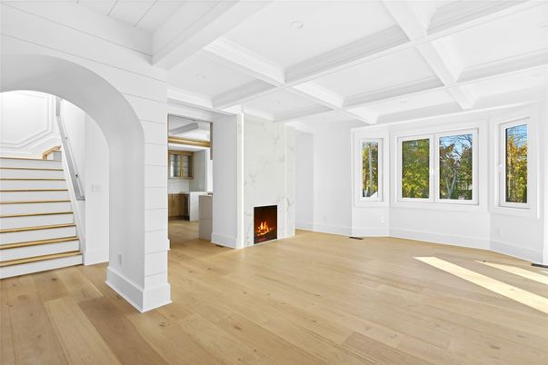 Empty room, Fireplace, Interior, Recessed Lighting, Wood Texture Flooring