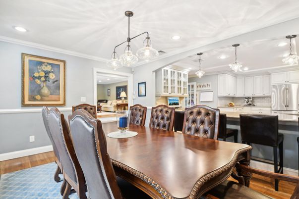 Dining room, Interior, Kitchen, Pendant Lights, Recessed Lighting, Stainless Steel Appliances, Wood Texture Flooring