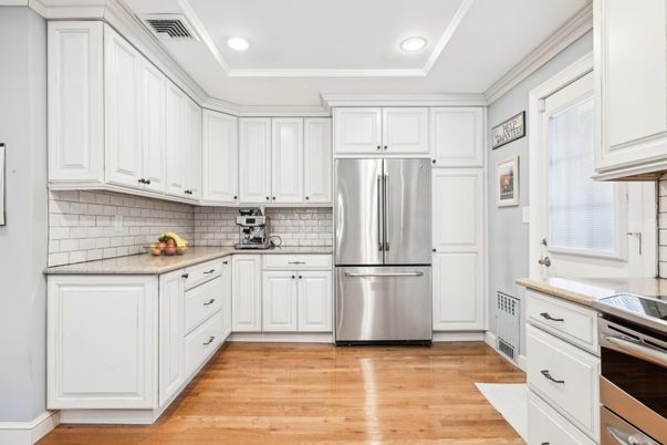 Interior, Kitchen, Recessed Lighting, Stainless Steel Appliances, Wood Texture Flooring