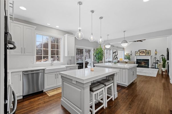 Fireplace, Interior, Kitchen, Pendant Lights, Recessed Lighting, Stainless Steel Appliances, Wood Texture Flooring