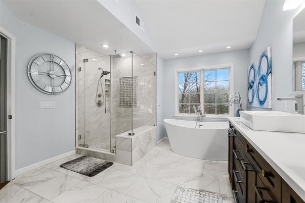 Bathroom, Free Standing Baths, Glass Shower, Interior, Marble, Marble Walls, Recessed Lighting