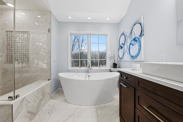 Bathroom, Free Standing Baths, Glass Shower, Interior, Marble, Marble Walls, Recessed Lighting