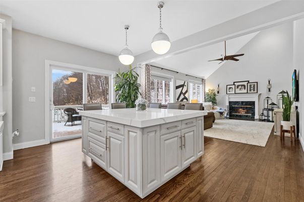 Dining room, Fireplace, Interior, Living room, Pendant Lights, Wood Texture Flooring