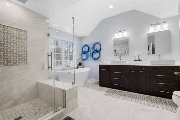 Bathroom, Dual Sink Vanities, Free Standing Baths, Glass Shower, Interior, Marble, Marble Walls, Recessed Lighting