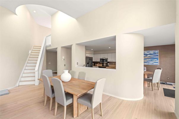Dining room, Interior, Kitchen, Recessed Lighting, Stainless Steel Appliances, Wood Texture Flooring