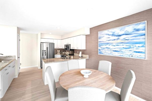 Dining room, Interior, Kitchen, Recessed Lighting, Stainless Steel Appliances, Wood Texture Flooring