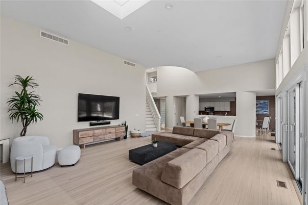Dining room, Interior, Living room, Recessed Lighting, Wood Texture Flooring