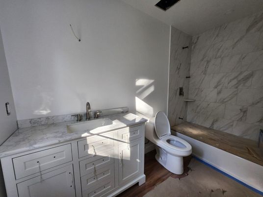 Bathroom, Interior, Marble Walls, Wood Texture Flooring