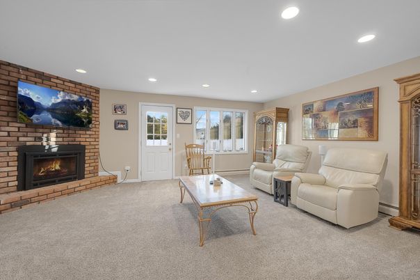 Dining room, Fireplace, Interior, Living room, Recessed Lighting, Stone Walls