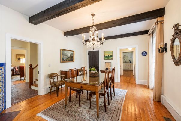 Chandelier, Dining room, Interior, Wooden Beams, Wood Texture Flooring