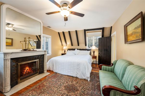Bedroom, Fireplace, Interior, Wood Texture Flooring
