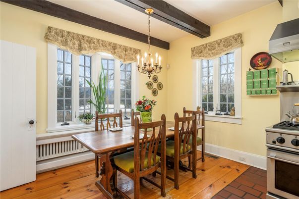 Chandelier, Dining room, Interior, Wooden Beams, Wood Texture Flooring