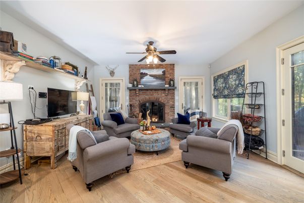 Fireplace, Interior, Living room, Stone Walls, Wood Texture Flooring