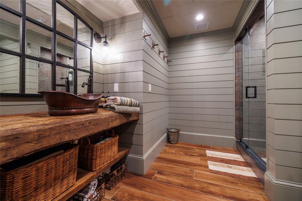 Bathroom, Interior, Recessed Lighting, Wood Texture Flooring