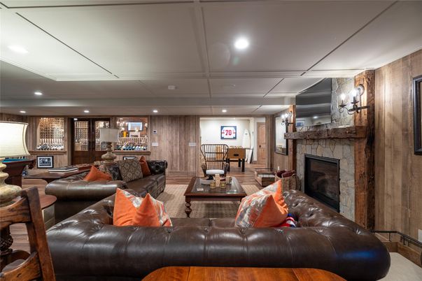 Dining room, Fireplace, Interior, Living room, Recessed Lighting, Wooden Walls