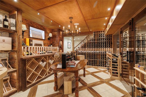Chandelier, Interior, Recessed Lighting, Stone Walls, Wine Storage, Wooden Ceilings