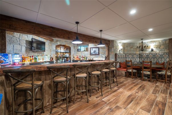 Interior, Pendant Lights, Recessed Lighting, Stone Walls, Wood Texture Flooring