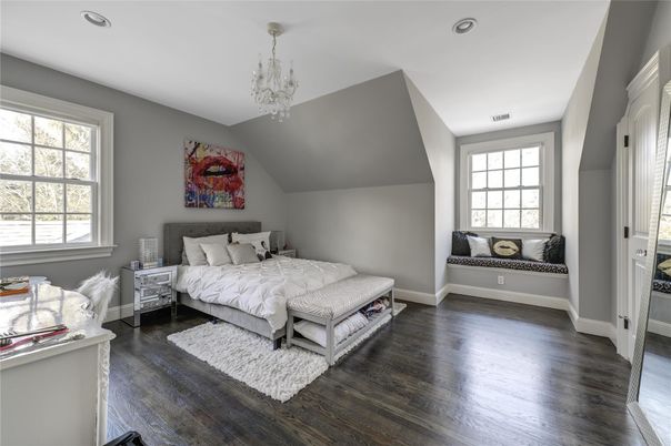 Bedroom, Chandelier, Interior, Recessed Lighting, Wood Texture Flooring