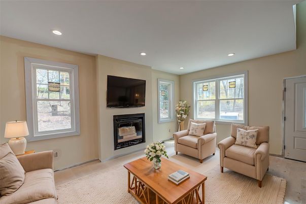 Fireplace, Interior, Living room, Recessed Lighting, Wood Texture Flooring