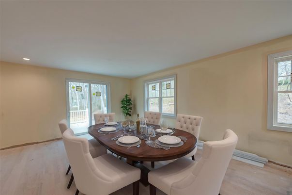 Dining room, Interior, Recessed Lighting, Wood Texture Flooring