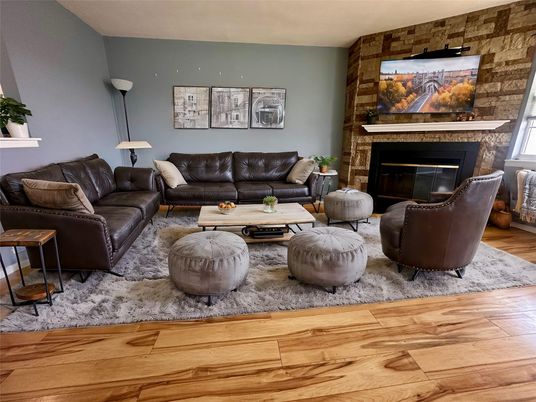 Fireplace, Interior, Living room, Stone Walls, Wood Texture Flooring