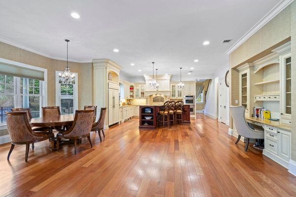Chandelier, Dining room, Interior, Kitchen, Pendant Lights, Recessed Lighting, Stainless Steel Appliances, Wood Texture Flooring