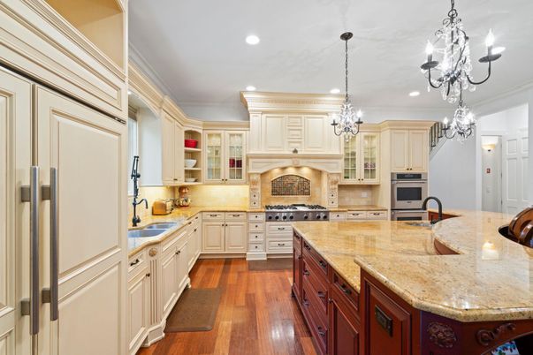 Chandelier, Interior, Kitchen, Recessed Lighting, Stainless Steel Appliances, Wood Texture Flooring