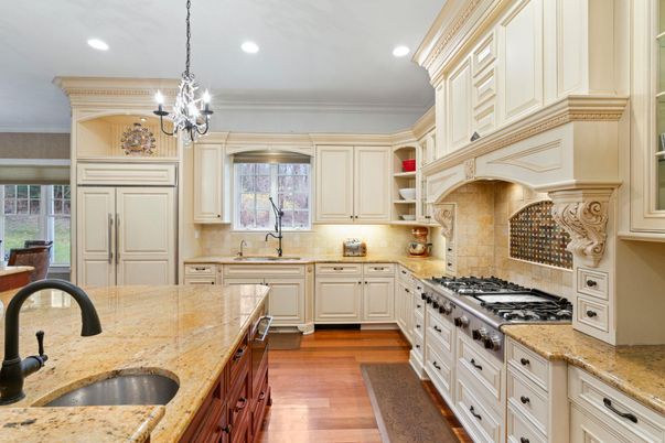 Chandelier, Interior, Kitchen, Recessed Lighting, Stainless Steel Appliances, Wood Texture Flooring