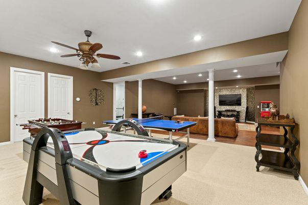 Billiard Table, Fireplace, Game Room, Interior, Recessed Lighting, Wood Texture Flooring