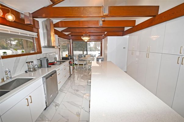 Dining room, Interior, Kitchen, Marble, Pendant Lights, Stainless Steel Appliances, Wooden Beams