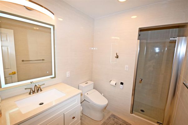 Bathroom, Glass Shower, Interior, Recessed Lighting, Wood Texture Flooring