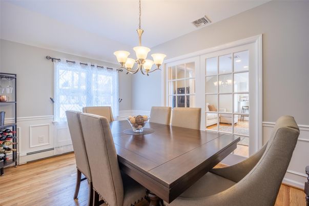 Chandelier, Dining room, Interior, Wood Texture Flooring
