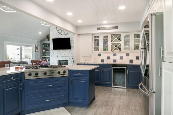 Fireplace, Interior, Kitchen, Recessed Lighting, Stone Walls, Wood Texture Flooring