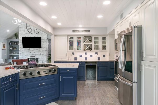 Interior, Kitchen, Recessed Lighting, Stainless Steel Appliances, Stone Walls, Wood Texture Flooring