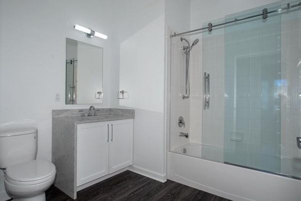 Bathroom, Glass Shower, Interior, Wood Texture Flooring