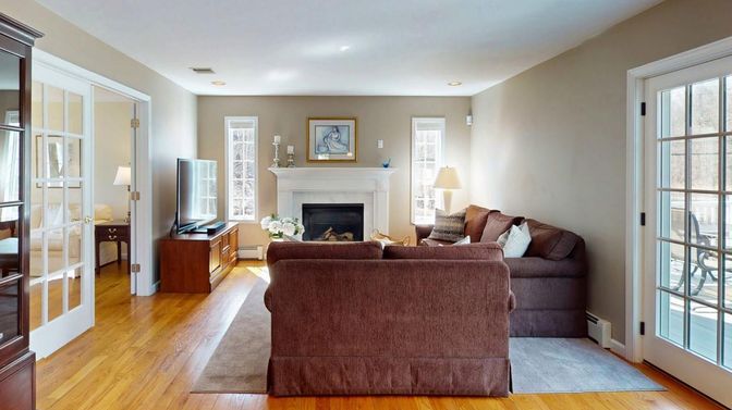 Fireplace, Interior, Living room, Recessed Lighting, Wood Texture Flooring