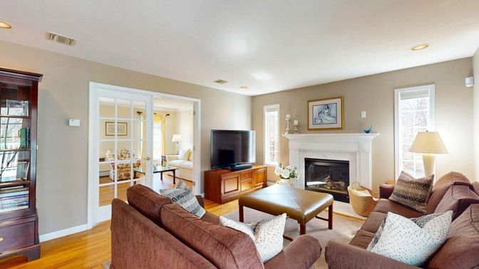 Fireplace, Interior, Living room, Recessed Lighting, Wood Texture Flooring