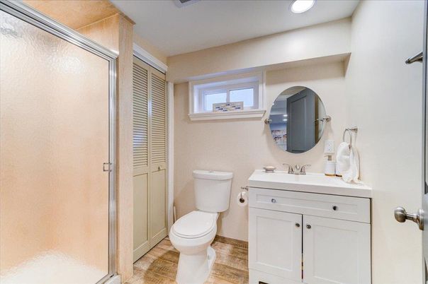 Bathroom, Glass Shower, Interior, Recessed Lighting, Wood Texture Flooring