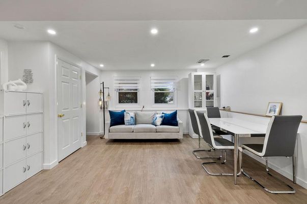 Dining room, Interior, Living room, Recessed Lighting, Wood Texture Flooring