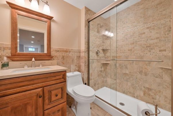 Bathroom, Glass Shower, Interior, Recessed Lighting, Stone Walls